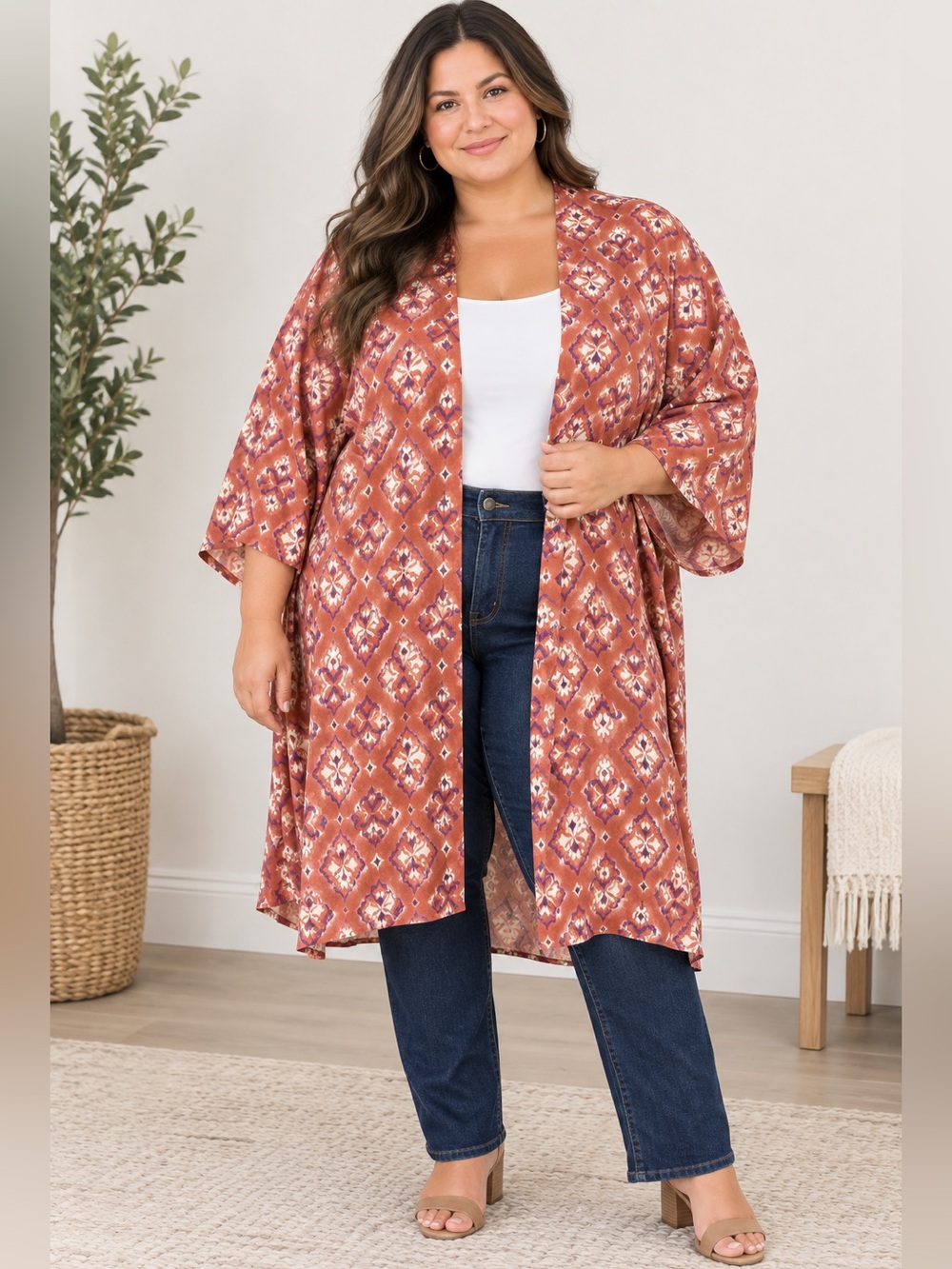 Knox Rose Rust Printed Plus-Size Swim Cover-Up Kimono